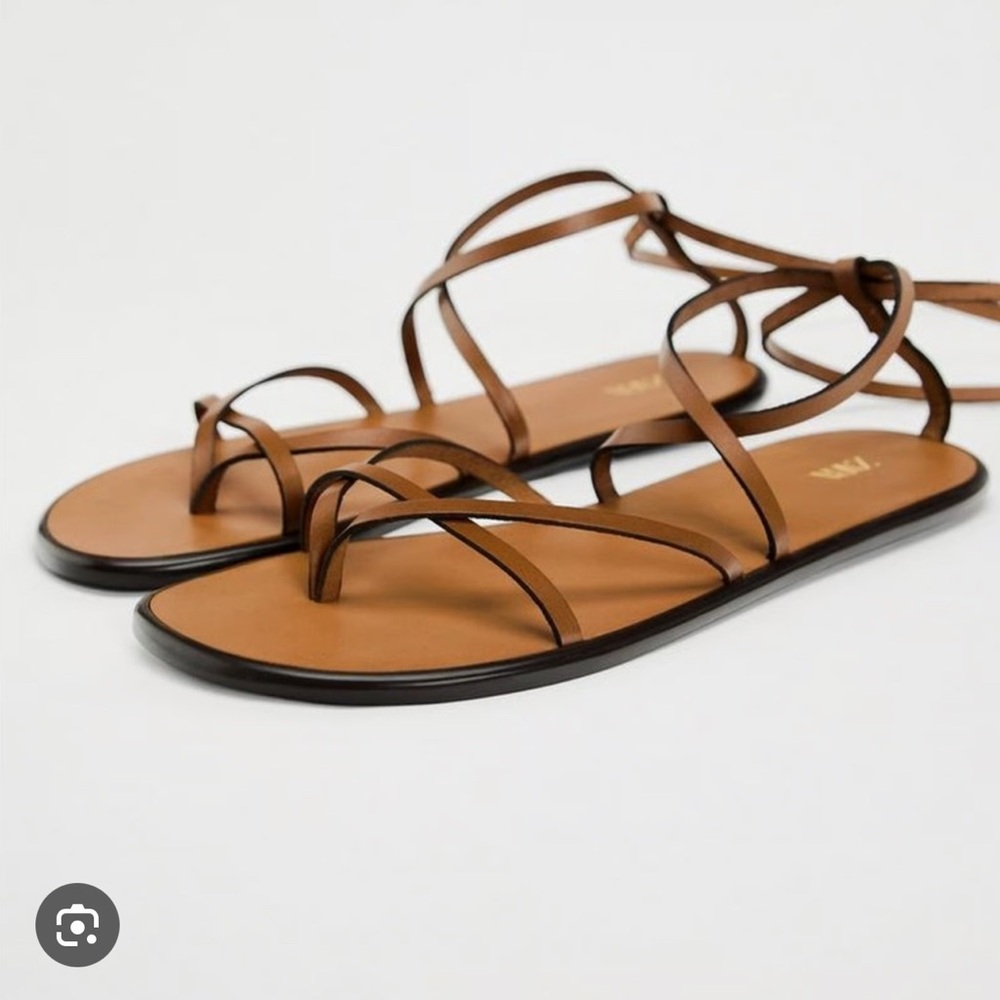 Zara Tan lace up tied flat Sandals leather - light brown